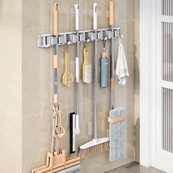 Ash & Roh Space Aluminum Mop & Broom Holder Wall Mount – Heavy Duty Organizer Rack with Non-Slip Rubber Grip, Rustproof Waterproof Storage for Kitchen, Bathroom, Garage (4 Mop Hold — Linkbiz SmartDeal's