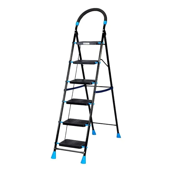 Amazon Basics Curvo-Foldable Step Ladder, Ribbed Steps, Knee Guard, Non-Marring PVC Shoes, 6 Steps (Black & Blue) — Linkbiz SmartDeal's