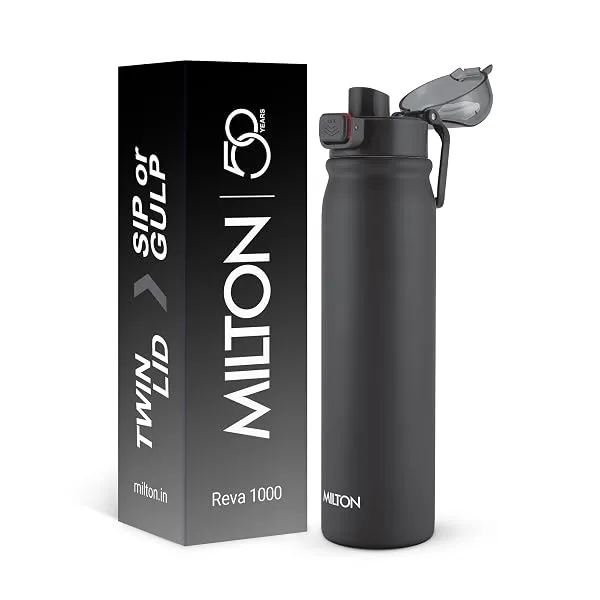MILTON Reva 1000 ISI Certified Stainless Steel Water Bottle with Twin Lid Sip or Gulp, 1 Litre | Single Wall, BPA-Free, Leakproof | Sturdy Handle | Ideal for Home, Office, Gym & Tr — Linkbiz SmartDeal's