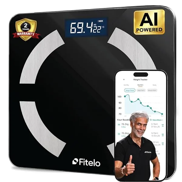 Fitelo Smart BMI Weight Scale | Track 25+ Body Parameters, Body Fat & Muscle Mass | 100+ User Profiles | 2 Yr Warranty | Large Foot Area | Free App Sync & Health Report Card | For — Linkbiz SmartDeal's