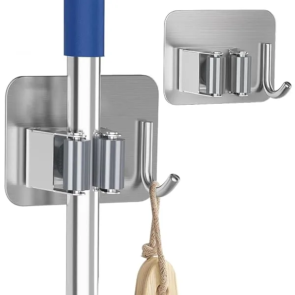 SITTELLA® 2 Pieces Stainless Steel 1 Rack with 1 Hook Heavy Duty Wall Mounted Broom and Mop Stick Holder, Hanging Tools for Home Kitchen Garden Laundry Garage (Silver) — Linkbiz SmartDeal's