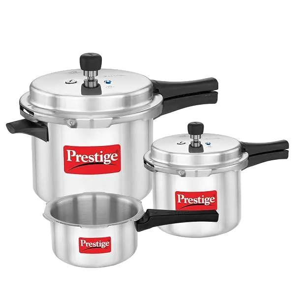 Prestige 2 Litre + 3 Litre + 5 Litre Aluminium Popular Max Outer Lid Pressure Cooker Combo with 2 Lids | Gas & Induction Compatible | Visual Pressure Indicator | Gasket Release Sys — Linkbiz SmartDeal's