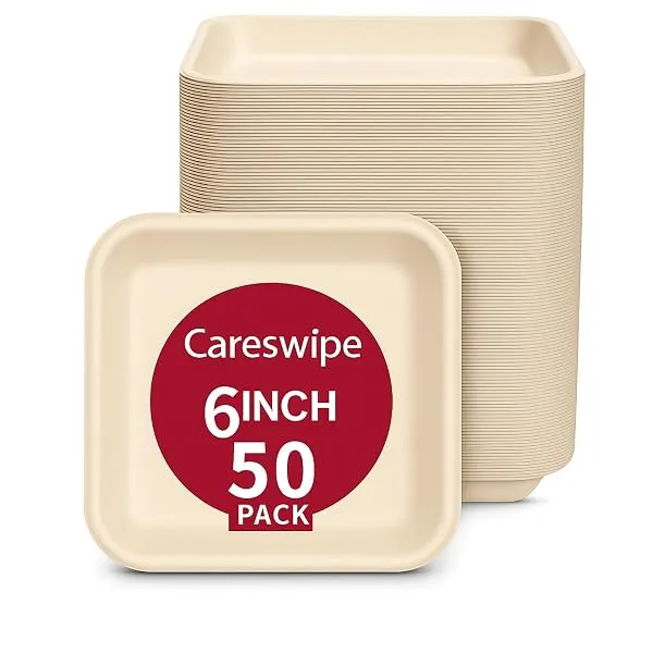 Careswipe Disposable Paper Plates 6 inch, 50 Count, Square, Beige | Eco-Friendly Sugarcane Plates for Wedding, Party, Cafes | Ideal for Both Hot & Cold Food — Linkbiz SmartDeal's