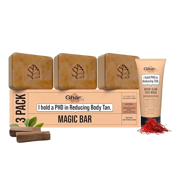 Ghar Soaps Magic De-Tan Face Wash & Sandalwood Saffron Bath Soap Combo Pack of 3 | With Sandalwood, Saffron & Glutathione | Tan Removal, Skin Brightening & Glowing Skin | Handmade — Linkbiz SmartDeal's