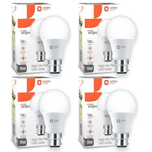 Orient Electric 9W High Glow LED bulb| 180-degree wide beam angle| Voltage surge protection up to 4 kV| 6500K, Cool White| B22d base| Made in India| Pack of 4 — Linkbiz SmartDeal's