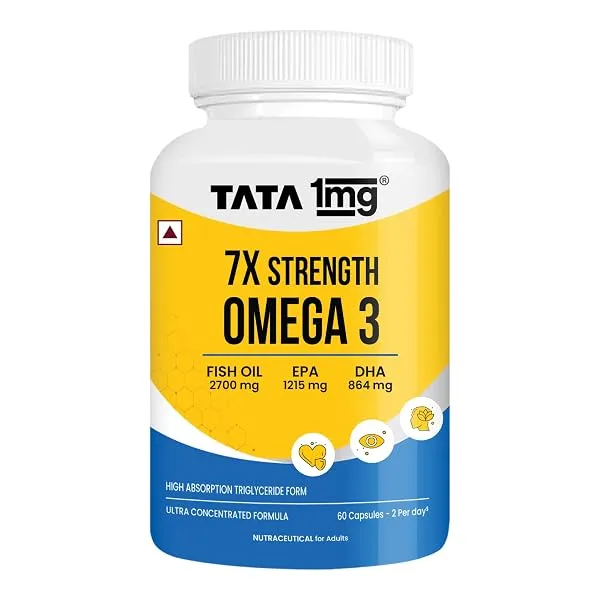 Tata 1mg 7X Strength Omega 3 Fish Oil 2700 mg | High Absorption Triglyceride Form | 1215 mg EPA + 864 mg DHA | With Vitamin E | Heart, Brain, Joint & Eye Health | 60 Softgel Capsul — Linkbiz SmartDeal's