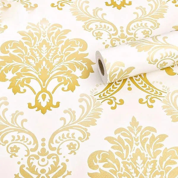 wolpin Floral Damask Self Adhesive Wallpaper (45 x 500 CM, Gold) | DIY Wall Sticker for Living Room, Hall, Sofa Background | PVC Peel & Stick Home Interior Decoration Sheet in Gold — Linkbiz SmartDeal's