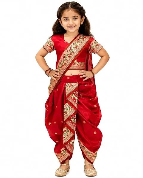Cron Kids Traditional Turquoise Nauvari Saree, Ready to Wear Ethnic Indian Marathi Silk Blend Saree with Decorative Border for Girls, Maroon and Turquoise — Linkbiz SmartDeal's