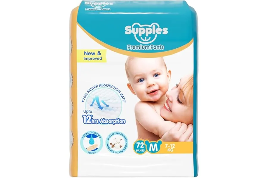 Amazon Brand - Supples Premium Baby Diaper Pants | 72 Baby Diapers | Medium | 7-12 Kg | 12 Hrs — Linkbiz SmartDeal's