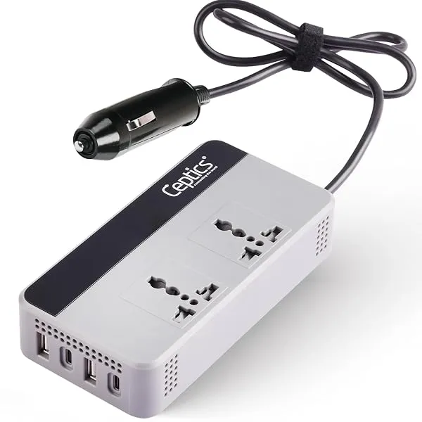 Ceptics 200W Car Laptop Charger/car Inverter with 2X Universal Outlet with SmartVoltage™ Technology, 12V DC to 220V-AC with 18 Months Warranty, 18W 2 USB-A, 2 USB-C with 18W QC 3.0 — Linkbiz SmartDeal's