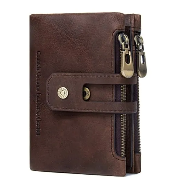 Contacts Men's Genuine Leather Wallet | RFID Blocking Wallet for Men| 14 Card Slots, 1 ID Window | 2 Zipper Compartments, Button Closure (Brown) — Linkbiz SmartDeal's