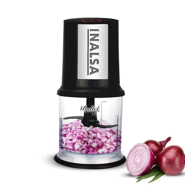 INALSA Electric Chopper Bullet-400 Watts with 100% Pure Copper Motor|Fast Chopping| Twin Blade Technology|0.5 l Capacity| One Touch Operation, 1.30mtr Long Power Cord,Black/Silver