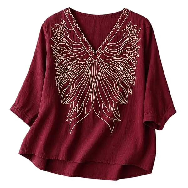 RIEKA Women's Embroidered Top for Women, Maroon V Neck Rayon, 3/4 Sleeve Casual Loose Fit Tunic, Boho Blouse for Women, Korean Style — Linkbiz SmartDeal's