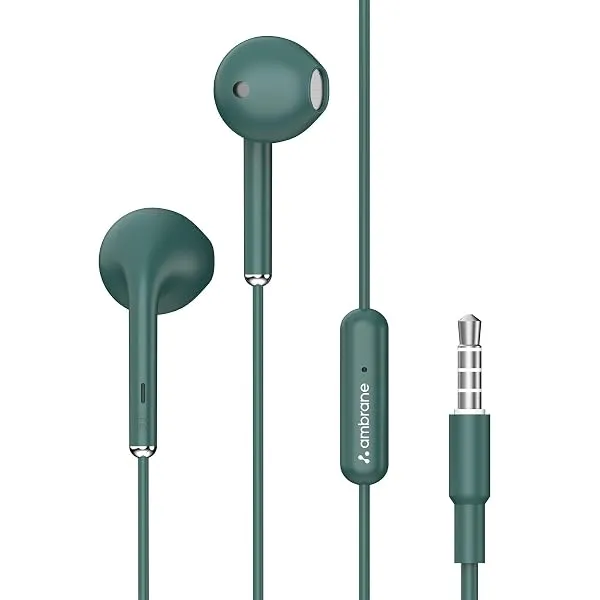 Ambrane Wired in Ear Earphones with in-line Mic for Clear Calling, 14mm Dynamic Drivers for BoostedBass, 3.5mm Jack, Multi-Functional Controller (Stringz 38 Lite, Green) — Linkbiz SmartDeal's