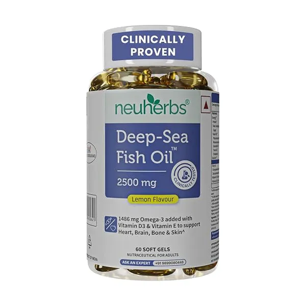 Neuherbs Deep Sea Omega 3 Fish Oil Capsules 2500mg Triple Strength - Supplement for Heart, Brain & Joint Support - No Fishy Burps, Lemon Flavour - 60 Softgels for Men & Women — Linkbiz SmartDeal's