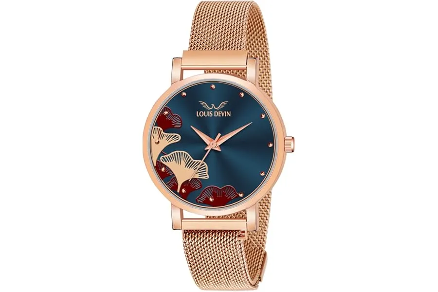 LOUIS DEVIN Rose Gold Plated Mesh Chain Analog Wrist Watch for Women (Black/Blue/Rose Gold Dial — Linkbiz SmartDeal's