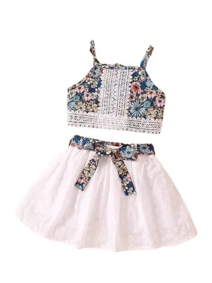 Ashikta Enterprise Girls Polyester Floral Print Slim Fit Blouse Print Fit & Flared Dress for Crop Top and White Lace Skirt Set — Linkbiz SmartDeal's