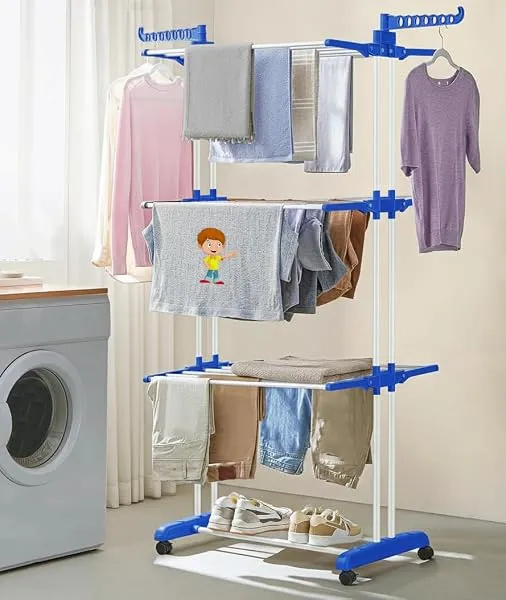 FLIPZON Premium 3 Layer Clothes Drying Stand with Wheels | Foldable Wings | Double Pole Alloy Steel Rack | 360° Rotatable Hanger Rods | Portable Balcony Laundry Dryer (White & Blue — Linkbiz SmartDeal's