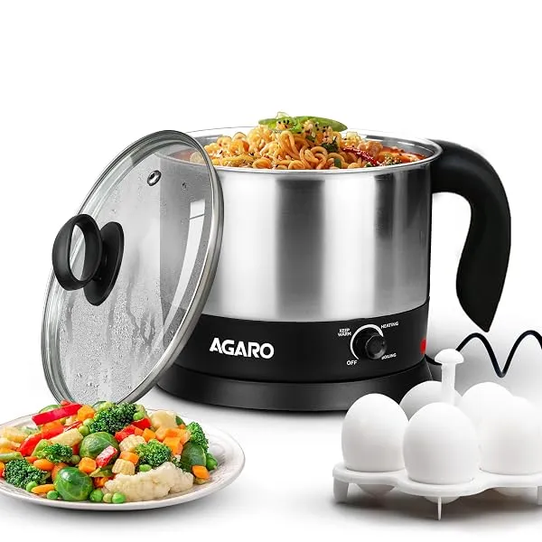 AGARO Esteem Electric Multipurpose Kettle 1.2L, 600W, with Stainless Steel Body, Egg Rack, Grill Rack, 3 Heating Modes & Rapid Boil Technology, Boiling Water, Tea, Coffee, Oats, No — Linkbiz SmartDeal's