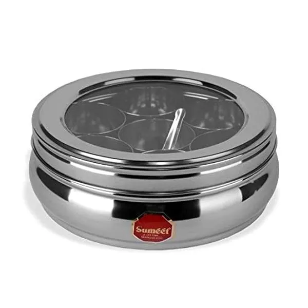 Sumeet Stainless Steel Belly Shape Masala (Spice) Box/Dabba/Organiser With See Through Lid With 7 Containers And Small Spoon (Small), Beige — Linkbiz SmartDeal's