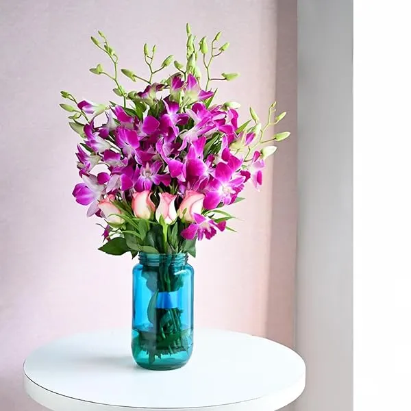 FlowerAura Premium Fresh Live Flower Bouquet of 4 Pink Roses & 6 Purple Flowers In Glass Vase Gift For Birthday | Anniversary | Love | Home Decor | Fathers Day Gift For Dad (Same D — Linkbiz SmartDeal's