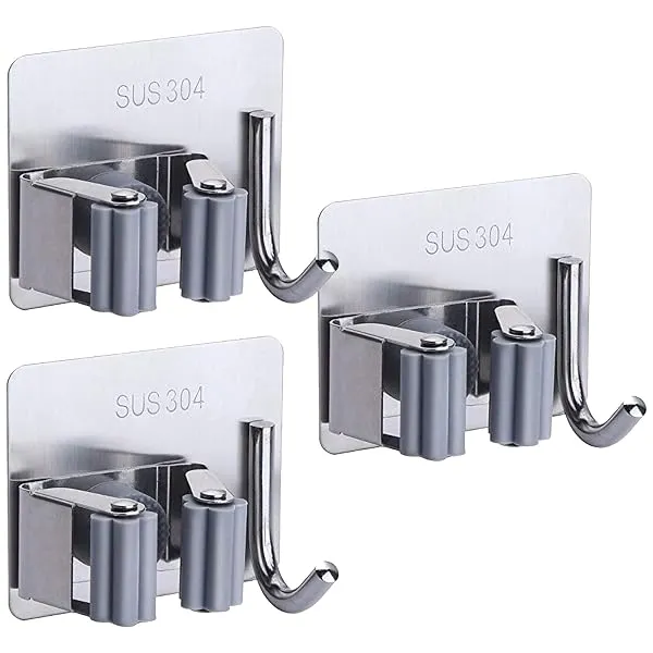 Shynora (3-Pack Self Adhesive Mop and Broom Holder Wall Mounted (No Drilling Required) Broom - Mop Stick Holder Stand and Organizer | Wiper Holder on Wall | SUS-304 (Grey Colour) — Linkbiz SmartDeal's