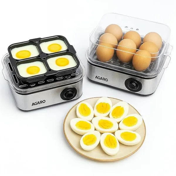 AGARO Grand Egg Boiler And Poacher, 2-in1 Boils 8 Eggs, Poach 4 Eggs, Steamed Vegetables, 3 Boiling Types, Stainless Steel Body, Transparent Lid, 500W, Silver — Linkbiz SmartDeal's