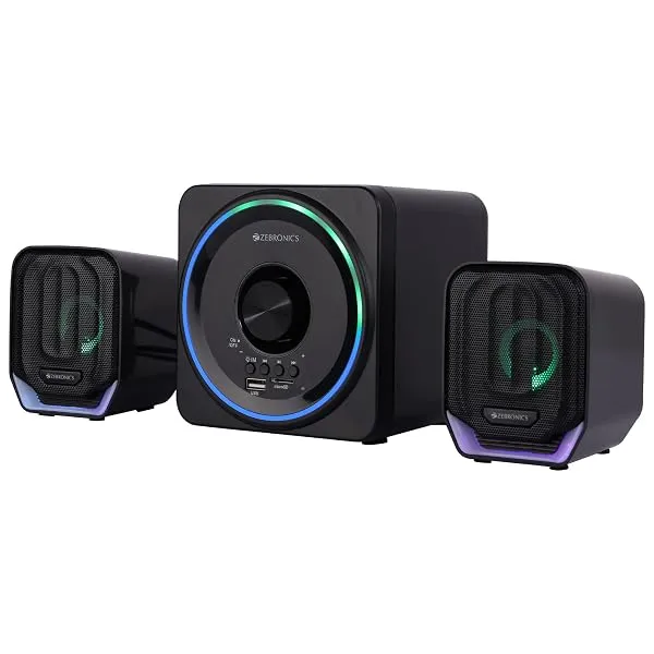 ZEBRONICS Pluto 2-2.1 Channel Desktop Speaker with 15 watts Output, Bluetooth 5.0, USB, mSD, FM, 3.5mm Jack Line Input, Inbuilt Volume Control, USB Powered, RGB Lights — Linkbiz SmartDeal's
