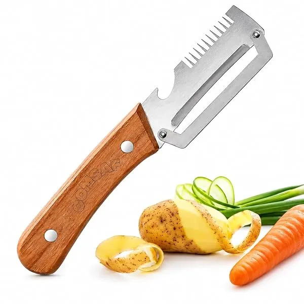 ComSaf Vegetable Peeler with Wooden Handle [Pack of 1] Stainless Steel Wide Blade Potato and Carrot Peeler, 3-in-1 Veggie Peeler with Scallion Shredder and Bottle Opener for Kitche — Linkbiz SmartDeal's