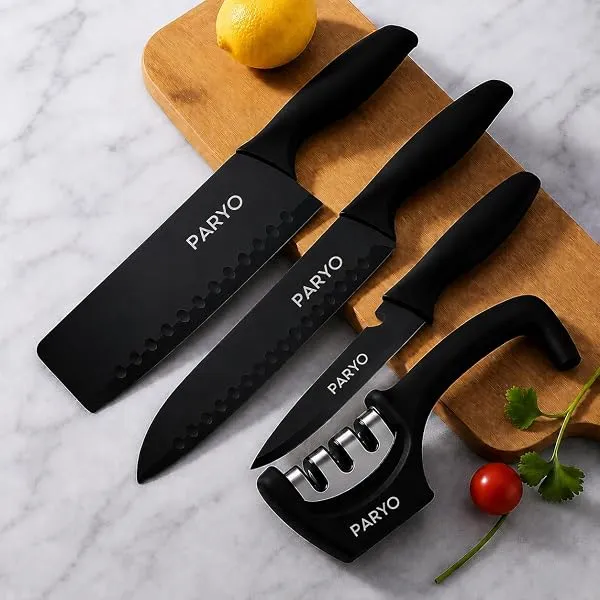 PARYO Kitchen Knife sharpner Set, 3 Piece with Covers,High Carbon Stainless Steel,for Cooking,Knives for Home Kitchen,Vegetable,Fruit & Meat Cutting and Slicing (Black,3 Knife Set+ — Linkbiz SmartDeal's