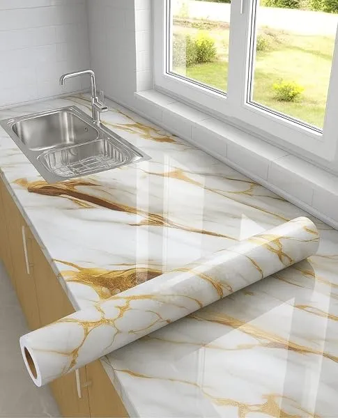 Premium Waterproof DIY Wallpaper & Wall Stickers for Home & Kitchen Countertop Furniture - Oil Proof Kitchen Stickers | Size(60x200cm) (White Gold) — Linkbiz SmartDeal's