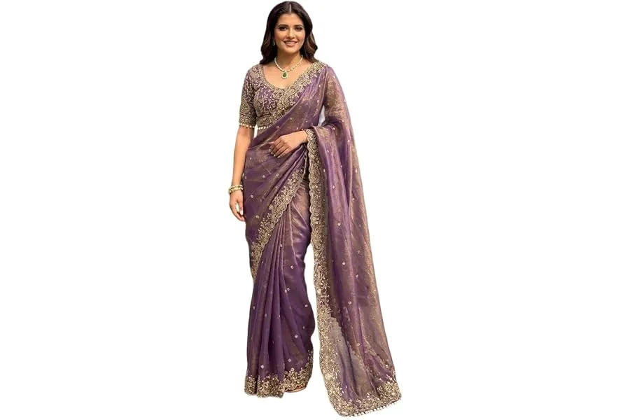ORHANS Women's Organza Silk Saree with Unstitched Blouse Piece Heavy Embroidery Work and Floral — Linkbiz SmartDeal's