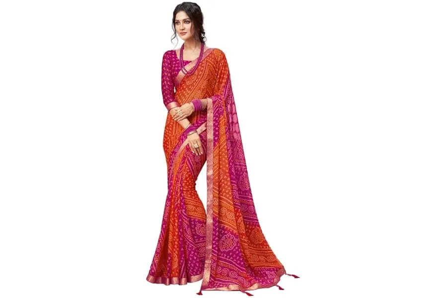SIRIL Women's Bandhani Printed Chiffon Saree with Blouse — Linkbiz SmartDeal's