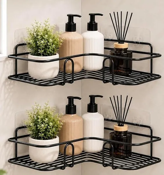 Oslen Pack of 2 No Drill Self Adhesive Bathroom Corner Shelf, Metal Wall Mounted Shower Storage Rack, Bathroom organiser without drill, Rust Proof Corner Rack for Bathroom & Kitche — Linkbiz SmartDeal's