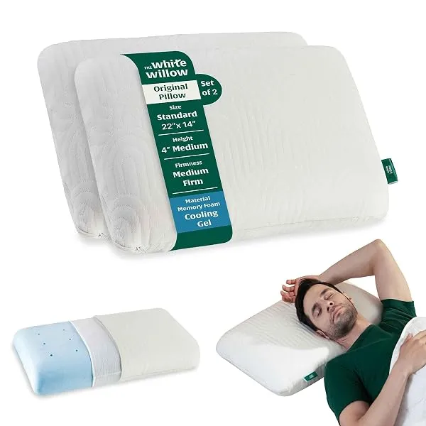 The White Willow Memory Foam Set of 2-Cool Gel Pillow for Neck & Shoulder Pain-Cervical Pillow for Sleeping-Orthopedic for Back, Side & Stomach Sleepers-Medium Firm-Standard-4" H-C — Linkbiz SmartDeal's