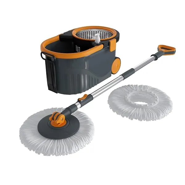 Bonkaso Spin Mop with Stainless Steel Wringer & Big Wheels | 360° Rotating Mop, Adjustable Handle | Easy Floor Cleaning Bucket Set with 2 Microfiber Refills – Grey & Orange (46 x 2 — Linkbiz SmartDeal's