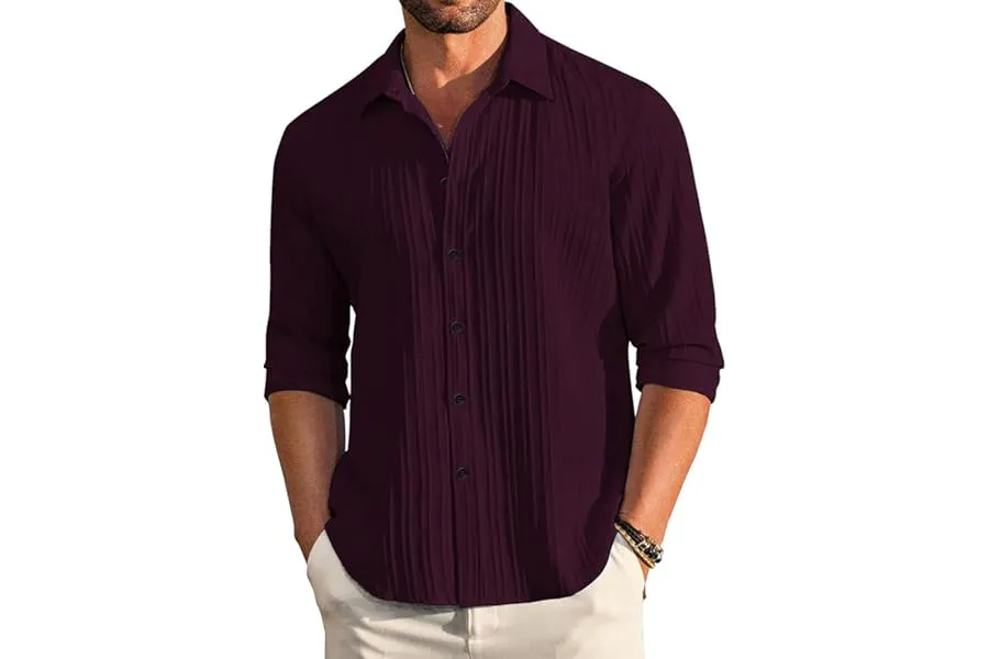 DEELMO Men's Casual Button Down Shirts Long Sleeve Linen Shirt Fashion Textured Beach Summer Sh — Linkbiz SmartDeal's