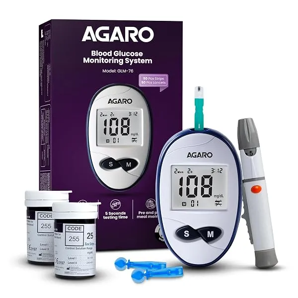 AGARO Glucometer, Blood Glucose Monitoring System with 50pcs Strips & Lancets, Glucometer Machine, Instant Blood Sugar Test at Home, Fast Blood Sugar Testing Device, Simple & Accur — Linkbiz SmartDeal's