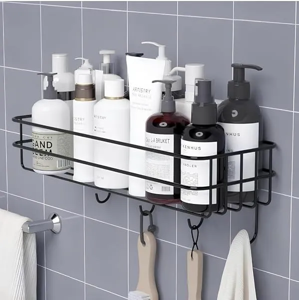 RERANT Self-Adhesive Bathroom Shelf with Hooks - Space-Saving Wall Mounted Shelf for Bathroom Essentials - Durable, No-Drill Required - Sleek Design. (Pack of 1) — Linkbiz SmartDeal's
