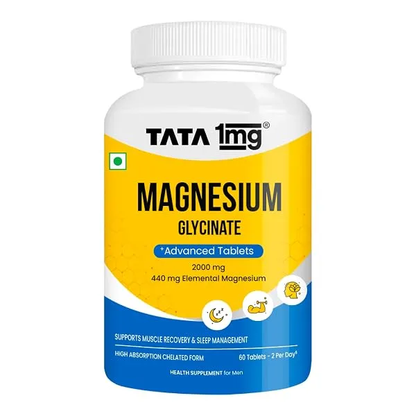 Tata 1mg Magnesium Glycinate Tablets |2000mg | High Absorption Chelated form for Muscle Recovery, Sleep & Nerve Health | 2000mg Per Serving – 60 Veg Tablets — Linkbiz SmartDeal's