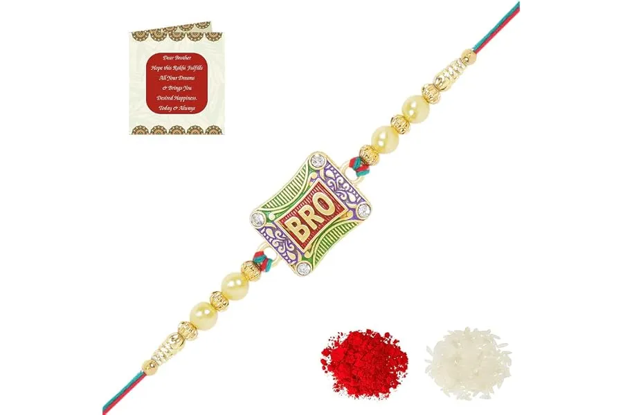 Riddhika Ventures Auspicious Gold Plated and Meenakari Brothers Rakhi With Roli Chawal And Gree — Linkbiz SmartDeal's