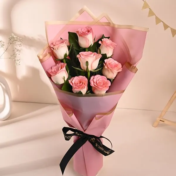FlowerAura Premium Fresh Live Flower Bouquet of 8 Pink Roses In Designer Paper Gift For Birthday | Anniversary | Love | Home Decor | Fathers Day Gift For Dad (Same Day Delivery) — Linkbiz SmartDeal's