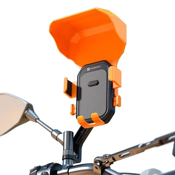 Portronics Mobike 5 Plus Mirror Mount Mobile Holder with Sunshade & Light Rain Protection, One-Press Release, 360° Rotation, 4-Point Grip Lock, Fits 5.4–6.7 Inch Smartphones, for M — Linkbiz SmartDeal's