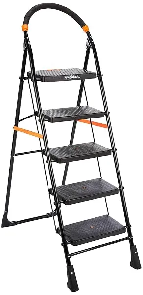 Amazon Basics Clamber - Foldable Step Ladder, Safety-Clutch Lock, Ribbed Steps, Knee Guard, Non-Marring PVC Shoes, 5 Steps (Steel, Black & Orange) — Linkbiz SmartDeal's