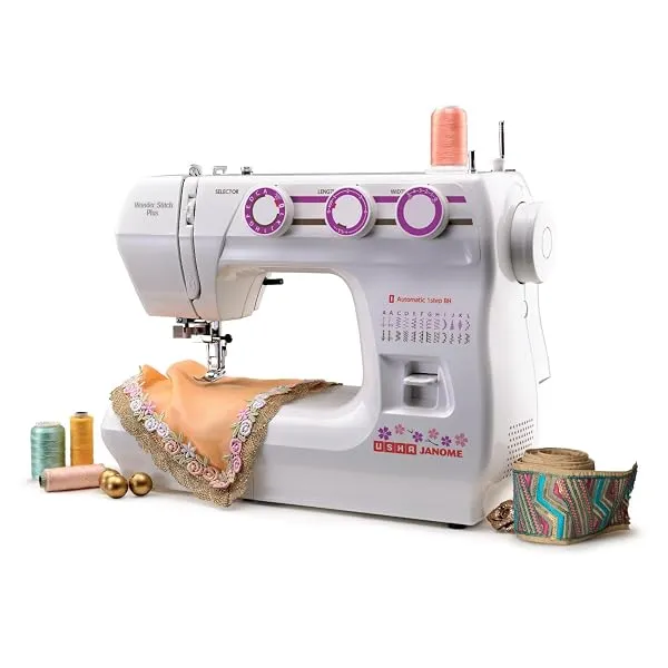 Usha Wonder Stitch Plus Automatic Sewing Machine – 23 Built-in Stitches, One-Step Buttonhole, Automatic Needle Threader, Free Arm, Hard Cover, 860 SPM – White — Linkbiz SmartDeal's