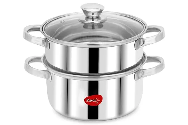Pigeon By Stovekraft Steel X Steamer Stainless Steel Induction Base, Modak Maker/Momo Maker, Dual Compartment With Glass Lid, 4.6L Capacity, Silver, 4.6 litres — Linkbiz SmartDeal's