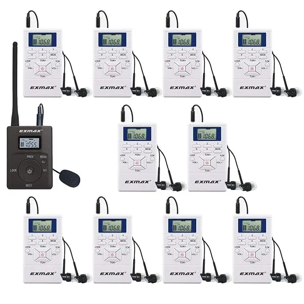 EXMAX E108 DSP Stereo Wireless Headphones FM Radio Transmission System for Tour Guide, Teaching, Meeting, Training, Travel Field Interpretation, 1 Transmitter and 10 Receivers (Whi — Linkbiz SmartDeal's
