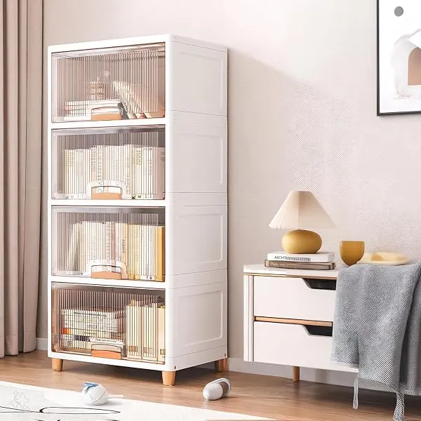 URBAN LUXY 4-Tier Plastic Storage Cabinet with Transparent Doors | Multipurpose Cupboard Rack for Kitchen, Bedroom & Living Room | Wardrobe Organizer for Clothes, Books & Toys | Wh — Linkbiz SmartDeal's