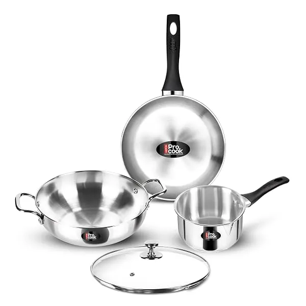 Milton Pro Cook 3-Layer Thick Triply Bottom I Induction Cookware & Gas Stove Friendly Stainless Steel 4 Pc Kitchen Set | Kadhai with Lid | Cooking Pan | Sauce Pan | 2Y Warranty — Linkbiz SmartDeal's