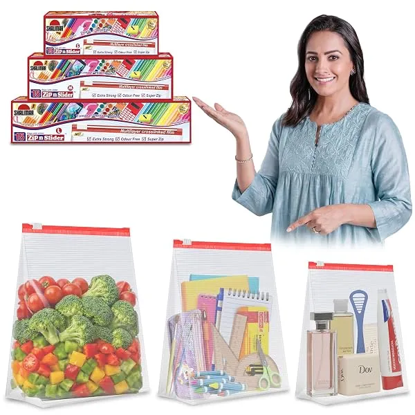 Shalimar Zip 'N' Slider Bags | Combo Pack (Small + Medium + Large) | Pack of 45 Bags | Ziplock/Vegetable/Fruit/Fridge/Multi-Purpose Storage Bag | Reusable & Reclosable with Slider — Linkbiz SmartDeal's